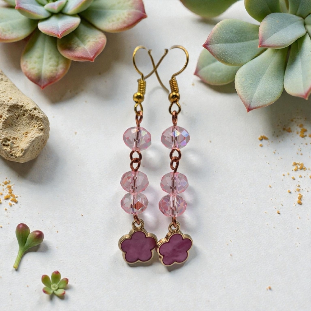 Pink Crystal Flower Dangle Earrings – Gold Hook Handmade Beaded Jewelry - Picture 2 of 5